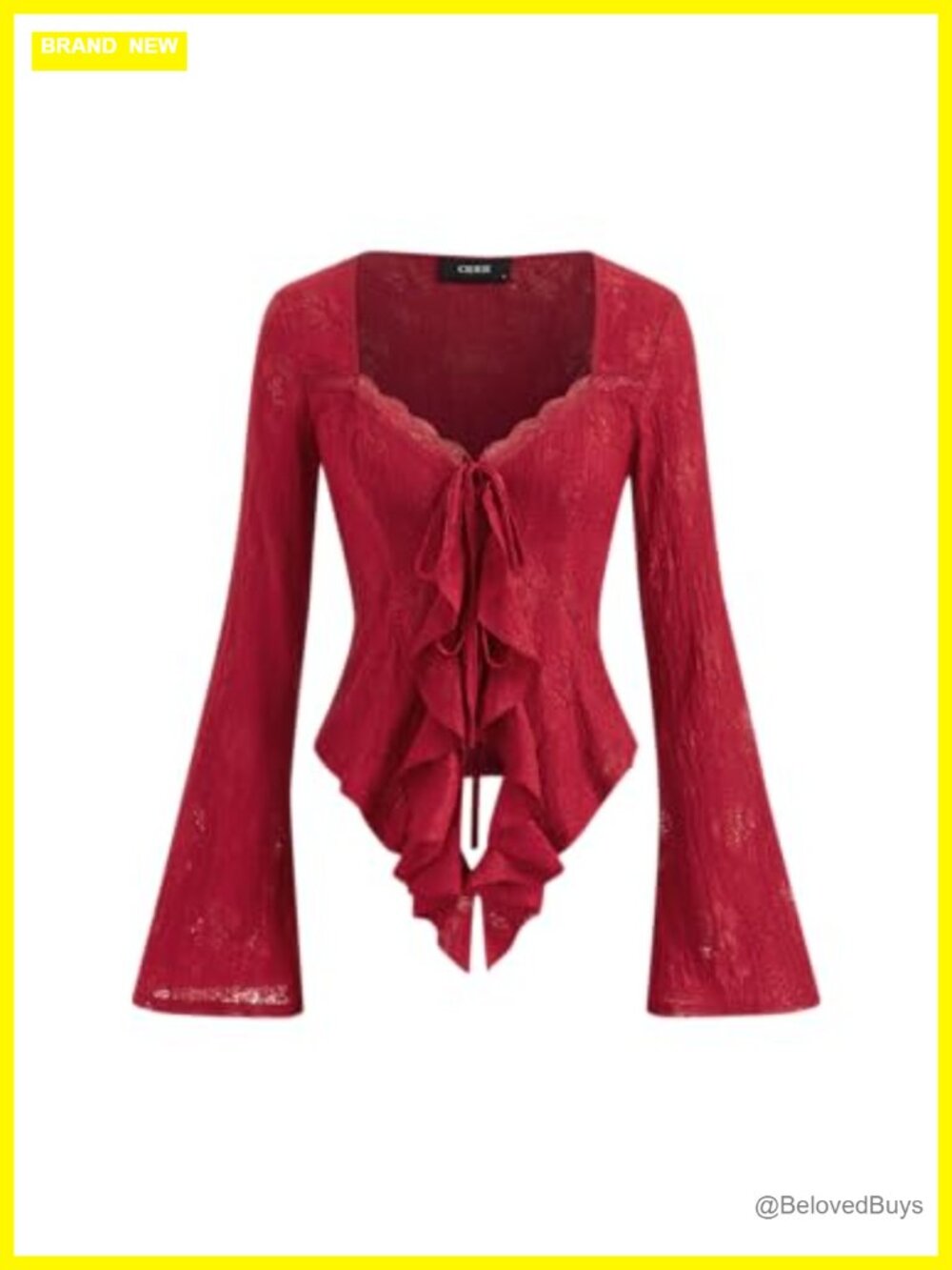 Women's Lace Mesh Tie Front Ruffle Blouse Long Sleeve Y2K Top